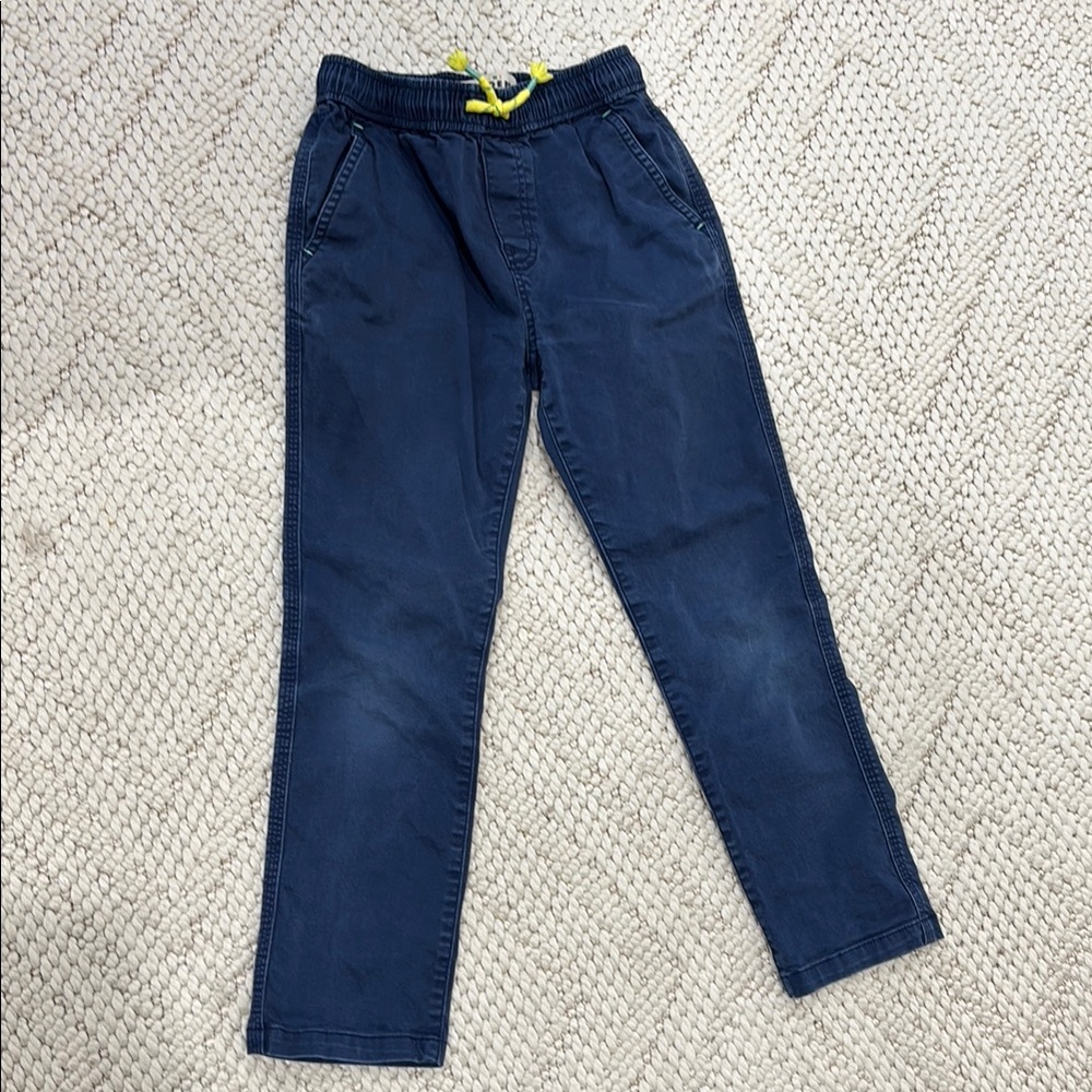 Mini Boden Slim Pull-On Trousers Size 7-8 Boys College Navy with Yellow Accents